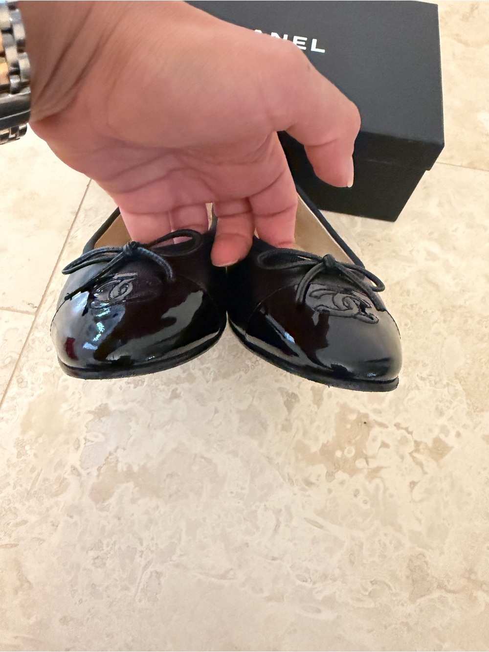 CHANEL Black Patent Cap-Toe Bow Ballet Flats - Picture 9 of 10